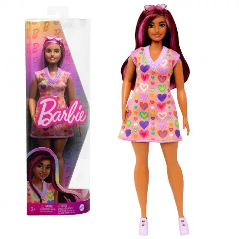 Barbie Fashionistas baba - Rózsaszín csíkos hajjal szívecske mintás ruhával