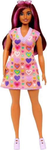 Barbie Fashionistas baba - Rózsaszín csíkos hajjal szívecske mintás ruhával