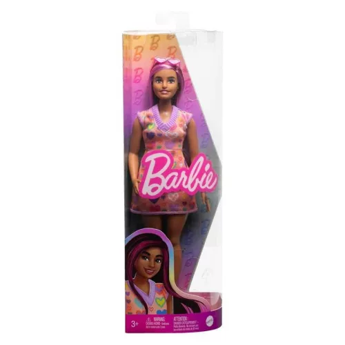 Barbie Fashionistas baba - Rózsaszín csíkos hajjal szívecske mintás ruhával