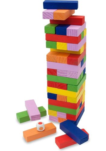 Színes fa Jenga dobókockával - toronyépítő társasjáték