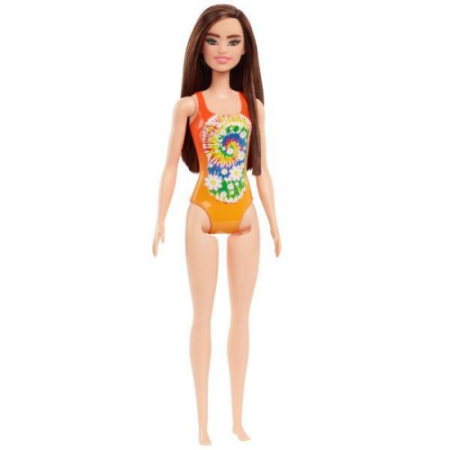 Beach Barbie - barna hajú baba narancs színű mintás fürdőruhában