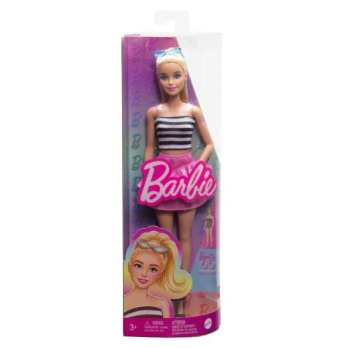 Barbie 65. Évfordulós baba fekete-fehér csíkos ruhában